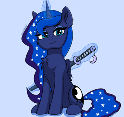 Size: 2300x2160 | Tagged: safe, artist:cloudmild, princess luna, alicorn, pony, g4, blue background, cute, ethereal mane, eyeshadow, female, fluffy, katana, looking at you, magic, makeup, mare, simple background, sitting, smiling, solo, sword, weapon