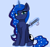 Size: 2300x2160 | Tagged: safe, artist:cloudmild, princess luna, alicorn, pony, g4, blue background, cute, ethereal mane, eyeshadow, female, fluffy, katana, looking at you, magic, makeup, mare, simple background, sitting, smiling, solo, sword, telekinesis, weapon