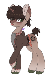 Size: 832x1216 | Tagged: safe, artist:pasteldraws, oc, oc only, pony, unicorn, :p, belt, blushing, clothes, commission, ear fluff, horn, jacket, knife, shirt, short tail, simple background, solo, tail, tongue out, transparent background, unshorn fetlocks