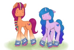 Size: 640x430 | Tagged: safe, artist:jazzhooves, izzy moonbow, sunny starscout, earth pony, pony, unicorn, g5, blushing, chubby cheeks, dot eyes, duo, duo female, female, grass, horn, looking at someone, mane stripe sunny, roller skates, simple background, skates, smiling, thin, white background, worried