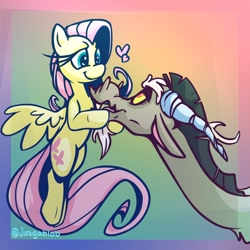 Size: 2048x2048 | Tagged: safe, artist:jazgablob, discord, fluttershy, butterfly, draconequus, pegasus, pony, g4, abstract background, duo, duo male and female, female, flying, gradient background, heart, holding head, horns down, looking at each other, looking at someone, looking up, male, ship:discoshy, shipping, signature, straight
