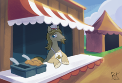 Size: 1707x1158 | Tagged: safe, artist:php191, jeff letrotski, earth pony, pony, g4, trade ya!, apron, clothes, counter, detailed background, hooves, looking at you, male, solo, stallion
