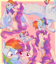 Size: 1500x1700 | Tagged: oc name needed, safe, artist:abbytabbys, rainbow dash, oc, alicorn, pegasus, pony, g4, alicorn oc, blue coat, blushing, border, canon x oc, colored, colored eyebrows, colored horn, commission, cuddling, doodle page, duo, duo female, eye clipping through hair, eyebrows, eyebrows visible through hair, eyelashes, female, floating heart, floppy ears, flying, glomp, heart, horn, hug, large wings, lesbian, long mane, long tail, looking at each other, looking at someone, looking down, looking up, mare, multicolored hair, not cadance, partially open wings, pink background, pink coat, pink eyes, rainbow hair, rainbow tail, shiny mane, shiny tail, shipping, simple background, sitting, sketch page, smiling, smiling at each other, spread wings, tail, tri-color hair, tri-color mane, tri-color tail, tricolored hair, tricolored mane, tricolored tail, unicorn horn, wavy mane, wavy tail, wing fluff, wings