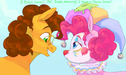 Size: 1610x959 | Tagged: safe, artist:abbytabbys, gummy, pinkie pie, crocodile, earth pony, pony, g4, alternate universe, blue eyes, blushing, clown makeup, colored, colored eyebrows, colt, colt cheese sandwich, curly mane, day, dialogue, duo focus, ear fluff, eyebrows, facing each other, female, filly, filly pinkie pie, floppy ears, foal, frown, glasses, green eyes, green text, hat, height difference, implied cheesepie, implied shipping, implied straight, jester hat, looking at each other, looking at someone, male, open mouth, open smile, orange coat, outdoors, profile, raised eyebrow, round glasses, ruffles, shiny mane, short mane, sky background, smiling, talking, tall ears, teeth, text, trio, younger