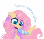 Size: 2174x1918 | Tagged: safe, artist:mirtash, fluttershy, pegasus, pony, g4, big eyes, blue text, cheek fluff, ear fluff, eye clipping through hair, female, folded wings, grimcute, holding a knife, knife, long mane, looking down, mare, mouth hold, narrowed eyes, peace was never an option, pink mane, shiny eyes, shiny mane, simple background, solo, sparkly eyes, teal eyes, text, wavy mane, white background, wingding eyes, wings, yellow coat