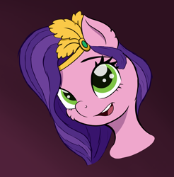 Size: 3508x3558 | Tagged: safe, artist:itchystomach, pipp petals, pegasus, pony, g5, bust, diadem, digital art, eyebrows, female, high res, jewelry, mare, open mouth, open smile, purple background, regalia, simple background, smiling, solo