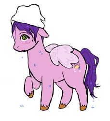 Size: 1170x1281 | Tagged: safe, artist:anonymous, pipp petals, pegasus, pony, g5, blush scribble, blushing, female, floppy ears, folded wings, mare, raised hoof, requested art, simple background, solo, tail, towel, towel on head, unshorn fetlocks, wet, wet mane, wet tail, white background, wings