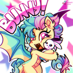 Size: 1000x1000 | Tagged: safe, artist:cherry_tree, oc, oc only, dracony, dragon, hybrid, pony, rabbit, animal, bipedal, cheek squish, cute, ear fluff, female, hug, shoulder fluff, solo, squishy cheeks