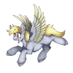 Size: 2300x2300 | Tagged: safe, artist:molars, derpy hooves, pegasus, pony, g4, butt fluff, cheek fluff, chest fluff, colored wings, colored wingtips, ear fluff, eyebrows, eyebrows visible through hair, flying, gradient wings, hock fluff, leg fluff, open mouth, open smile, render, shoulder fluff, simple background, smiling, solo, spread wings, transparent background, unshorn fetlocks, wing fluff, wings