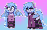 Size: 2180x1400 | Tagged: safe, artist:thebatfang, oc, oc only, oc:lucky roll, bat pony, pony, :o, abstract background, bat pony oc, bow, clothes, cute, duality, female, glasses, gradient background, hair bow, i'm with stupid, jacket, lidded eyes, looking at you, mare, ocbetes, open mouth, shirt, socks, solo, spread wings, starry eyes, striped socks, t-shirt, wingding eyes, wings