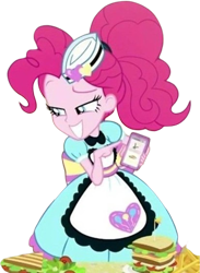 Size: 1843x2520 | Tagged: safe, edit, edited screencap, editor:mrtoonlover83, screencap, pinkie pie, human, equestria girls, g4, apron, background removed, bowtie, cellphone, clothes, curly hair, eyebrows, female, not a vector, phone, pointing, raised eyebrow, simple background, smartphone, smiling, solo, transparent background