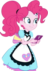 Size: 1681x2520 | Tagged: safe, edit, edited screencap, editor:homersimpson1983, screencap, pinkie pie, human, equestria girls, g4, apron, background removed, bowtie, cellphone, clothes, curly hair, female, not a vector, phone, ponytail, simple background, smartphone, solo, transparent background, waitress