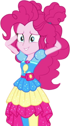 Size: 1398x2520 | Tagged: safe, edit, edited screencap, editor:mrtoonlover83, screencap, pinkie pie, human, equestria girls, equestria girls specials, g4, my little pony equestria girls: sunset's backstage pass, 2d, arm behind head, background removed, clothes, female, geode of sugar bombs, hair bun, leggings, magical geodes, not a vector, pouch, sideburns, simple background, smiling, solo, transparent background