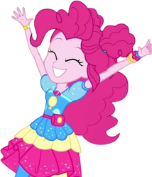 Size: 2159x2520 | Tagged: safe, edit, edited screencap, editor:mrtoonlover83, screencap, pinkie pie, human, equestria girls, equestria girls specials, g4, my little pony equestria girls: sunset's backstage pass, background removed, clothes, excited, eyes closed, female, geode of sugar bombs, gold, hair bun, leggings, magical geodes, not a vector, pouch, simple background, smiling, solo, transparent background, wrist cuffs