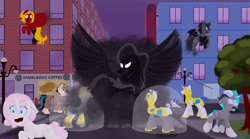 Size: 6773x3759 | Tagged: safe, artist:samenandsam, pony of shadows, oc, oc:flame belfrey, oc:sound shiver, bat pony, pegasus, pony, unicorn, g4, absurd resolution, angry, armor, armored pony, bad end, blast, building, burger, city, clothes, confrontation, crying, disintegration, evil, female, fire hydrant, food, force field, hat, hay burger, helmet, horn, hotel, lamppost, looking at each other, looking at someone, looking back, magic, magic aura, magic beam, magic blast, male, mare, night, open mouth, panic, poster, road, royal guard, running, running away, scared, shadow, spear, spread wings, stallion, telekinesis, tree, unicorn oc, weapon, window, wings