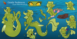 Size: 4000x2039 | Tagged: safe, artist:natt333, oc, oc only, seapony (g4), anthro, bubble, dorsal fin, fin, fins, fish tail, floppy ears, flowing mane, flowing tail, ocean, reference sheet, smiling, solo, swimming, tail, underwater, water
