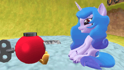 Size: 1920x1080 | Tagged: safe, artist:puzzlshield2, izzy moonbow, bob-omb, pony, unicorn, g4, g5, 3d, animated, binoculars, bob-omb battlefield, bob-omb buddy, ears back, g5 to g4, generation leap, horn, meme, mmd, sitting, smg4, south park, subtitles, super mario 64, super mario bros., they took our jobs, youtube link, youtube video