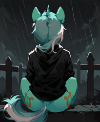 Size: 864x1056 | Tagged: source needed, safe, anonymous artist, lyra heartstrings, fanfic:background pony, g4, both cutie marks, butt, clothes, dig the swell hoodie, graveyard, hoodie, lyrebutt, rain, rear view, sitting