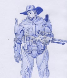 Size: 831x971 | Tagged: safe, artist:adeptus-monitus, oc, oc only, oc:calamity, human, fallout equestria, armor, cowboy hat, enclave, enclave armor, gun, hat, human male, humanized, male, monochrome, rifle, solo, traditional art, weapon