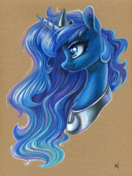 Size: 971x1300 | Tagged: safe, artist:maytee, princess luna, alicorn, pony, g4, bust, colored pencil drawing, portrait, profile, smiling, solo, toned paper, traditional art