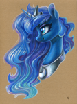 Size: 971x1300 | Tagged: safe, artist:maytee, princess luna, alicorn, pony, g4, bust, colored pencil drawing, neck fluff, portrait, profile, smiling, solo, toned paper, traditional art