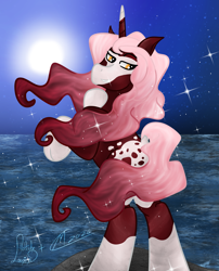 Size: 2627x3256 | Tagged: safe, artist:loopina, artist:maître cervidé, oc, oc only, oc:exotic savannah, unicorn, collaboration, flirting, horn, male, night, ocean, stallion, water