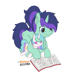 Size: 1024x1024 | Tagged: safe, artist:bloonacorn, oc, oc only, oc:subscript, unicorn, book, female, filly, foal, horn, plushie, reading, simple background, solo, transparent background, unicorn oc