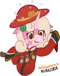 Size: 481x615 | Tagged: safe, artist:bloonacorn, oc, oc only, oc:bloona blazes, /mlp/ tf2 general, axe, grenade, hat, simple background, solo, team fortress 2, transparent background, weapon