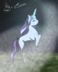 Size: 4000x4938 | Tagged: safe, artist:loopina, artist:maître cervidé, oc, oc:snow petale, hybrid, unicorn, wendigo, concave belly, female, frost, grass, horn, ice, levitation, magic, mare, night, signature, solo, stars, telekinesis, wind