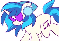 Size: 2048x1410 | Tagged: safe, artist:squidbly, dj pon-3, vinyl scratch, pony, unicorn, g4, colored, female, flat colors, floppy ears, glasses, headphones, horn, mare, raised leg, simple background, smiling, solo, trotting, two toned mane, vinyl's glasses, white background