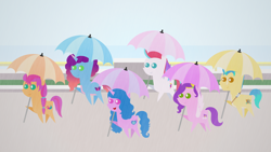 Size: 1920x1080 | Tagged: safe, artist:carrotorangelight, hitch trailblazer, izzy moonbow, misty brightdawn, pipp petals, sunny starscout, zipp storm, earth pony, pegasus, pony, unicorn, g5, female, group, horn, male, mane five, mane six (g5), mare, open mouth, open smile, pointy ponies, rain, rebirth misty, smiling, umbrella