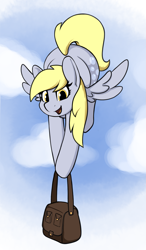 Size: 1213x2074 | Tagged: safe, artist:andelai, derpy hooves, pegasus, pony, bag, flying, happy, simple background, sky, smiling, solo