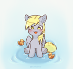 Size: 2136x2017 | Tagged: safe, artist:amitadust, artist:auroracursed, derpy hooves, pegasus, pony, g4, blushing, cute, derpabetes, female, happy, heart, heart eyes, looking at you, looking up, open mouth, open smile, rubber duck, sitting, smiling, solo, toy, underhoof, water, wingding eyes, wings