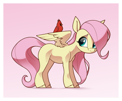 Size: 2701x2239 | Tagged: safe, artist:aquaticvibes, fluttershy, bird, pegasus, pony, g4, blank flank, blush sticker, blushing, colored eyebrows, eyebrows, eyelashes, female, filly, filly fluttershy, fluffy, foal, high res, looking at something, partially open wings, passepartout, shadow, simple background, smiling, solo, standing, unshorn fetlocks, white background, wings, younger