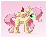 Size: 2701x2239 | Tagged: safe, artist:aquaticvibes, fluttershy, bird, pegasus, pony, g4, blank flank, colored eyebrows, cute, eyebrows, eyelashes, female, filly, filly fluttershy, foal, gradient background, high res, looking at something, partially open wings, passepartout, shadow, shyabetes, smiling, solo, standing, unshorn fetlocks, wings, younger