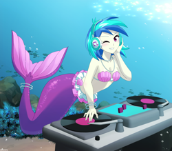 Size: 1200x1050 | Tagged: safe, artist:riouku, dj pon-3, vinyl scratch, fish, mermaid, equestria girls, g4, 2d, blushing, bra, bracelet, breasts, bubble, coral, crepuscular rays, cute, digital art, dorsal fin, eyelashes, female, fin, fish tail, flowing mane, flowing tail, grin, happy, headphones, jewelry, looking at you, mermaidized, mermay, necklace, ocean, one eye closed, pearl bracelet, pearl necklace, pink eyes, scales, seashell, seashell bra, seaweed, smiling, smiling at you, solo, species swap, sunlight, swimming, tail, tail jewelry, turntable, underwater, water, wink, winking at you