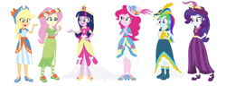 Size: 1712x660 | Tagged: safe, artist:machakar52, artist:selenaede, applejack, fluttershy, pinkie pie, rainbow dash, rarity, twilight sparkle, alicorn, human, equestria girls, g4, base used, big crown thingy, blue dress, boots, clothes, coronation dress, cowboy hat, crown, dress, element of magic, feathered hat, female, floral head wreath, flower, flower in hair, green dress, hand on hip, hat, high heel boots, high heels, jewelry, mane six, necklace, open mouth, open smile, pink dress, purple dress, regalia, shoes, simple background, smiling, twilight sparkle (alicorn), white background