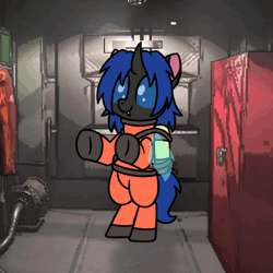 Size: 600x600 | Tagged: safe, artist:sugar morning, oc, oc only, oc:swift dawn, changeling, air tank, animated, bipedal, blue changeling, blue eyes, changeling oc, clothes, commission, complex background, cute, dancing, fangs, gif, harness, hazmat suit, horn, lethal company, male, ocbetes, shoes, smiling, solo, wings, ych result