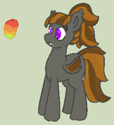 Size: 836x916 | Tagged: safe, artist:trash mare, oc, oc only, oc:mythic dawn, bat pony, bat pony oc, bat wings, brown mane, digital art, drool, drool on face, ear fluff, eyelashes, fangs, female, food, mango, mare, pixel art, ponytail, purple eyes, simple background, solo, wings