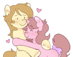 Size: 1016x787 | Tagged: safe, artist:mikako, oc, oc only, earth pony, unicorn, best friends, blushing, dot eyes, duo, duo male and female, female, heart, horn, hug, human shoulders, male, shipping, simple background, white background