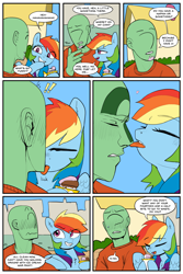 Size: 2400x3600 | Tagged: safe, artist:mobius_, artist:redruin01, rainbow dash, oc, oc:anon, human, pegasus, pony, comic:ice cream, g4, clothes, colored, comic, cute, female, food, ice cream, ice cream cone, laughing, licking, mare, ponyville, tomboy, tongue out
