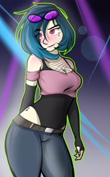 Size: 2176x3500 | Tagged: safe, artist:nolyanimeid, dj pon-3, vinyl scratch, human, equestria girls, g4, 2d, belt, breasts, cleavage, clothes, eyebrows, female, glasses, indoors, pants, raised eyebrow, smiling, solo