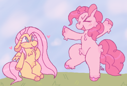 Size: 546x371 | Tagged: safe, artist:b4rkzal0t, fluttershy, pinkie pie, earth pony, pegasus, pony, g4, ><, bipedal, blushing, cute, diapinkes, duo, duo female, eyes closed, female, floppy ears, grass, heart, lesbian, mare, open mouth, open smile, ship:flutterpie, shipping, shyabetes, signature, sitting, sky, smiling, unshorn fetlocks, wings
