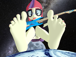 Size: 5000x3750 | Tagged: safe, artist:dragonalex555, moondancer, human, equestria girls, g4, 3d, barefoot, earth, electric guitar, feet, female, fetish, foot fetish, giantess, guitar, guitar solo, macro, mmd, musical instrument, soles, space, toes, tongue out, wiggling toes, wiggling tongue