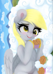 Size: 1299x1818 | Tagged: safe, artist:darksly, derpy hooves, pegasus, pony, g4, belly, belly button, blushing, body pillow, chest fluff, cloud, derp, female, food, mare, muffin, on a cloud, smiling, solo