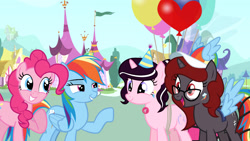 Size: 1920x1080 | Tagged: safe, pinkie pie, rainbow dash, oc, oc:curse word, oc:magpie, earth pony, pegasus, pony, unicorn, g4, balloon, clothes, cosplay, costume, female, heart, heart balloon, horn