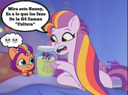 Size: 634x470 | Tagged: safe, edit, edited screencap, screencap, fluttershy, pinkie pie, rarity, sunny starscout, sunny starscout's mother, twilight sparkle, g5, my little pony: tell your tale, cum jar, filly, filly sunny starscout, implications, jar, meme, spanish, spanish text, speech bubble, younger
