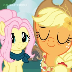 Size: 1080x1080 | Tagged: safe, applejack, fluttershy, earth pony, pegasus, pony, g4, the last problem, bags under eyes, bandana, clothes, cowboy hat, female, flower, flower in hair, granny smith's shawl, hat, mare, older, older applejack, older fluttershy, scarf, stetson