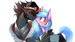 Size: 1934x1087 | Tagged: safe, artist:unclechai, king sombra, radiant hope, unicorn, boop, horn, romance, romantic, simple background, standing, white background