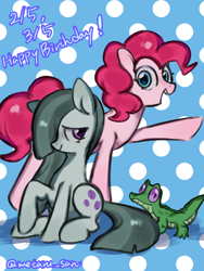 Size: 3072x4096 | Tagged: safe, artist:metaruscarlet, gummy, marble pie, pinkie pie, earth pony, pony, g4, duo, duo female, female, happy birthday, hooves up, looking at someone, mare, open mouth, pet, polka dot background, raised hoof, sitting, text